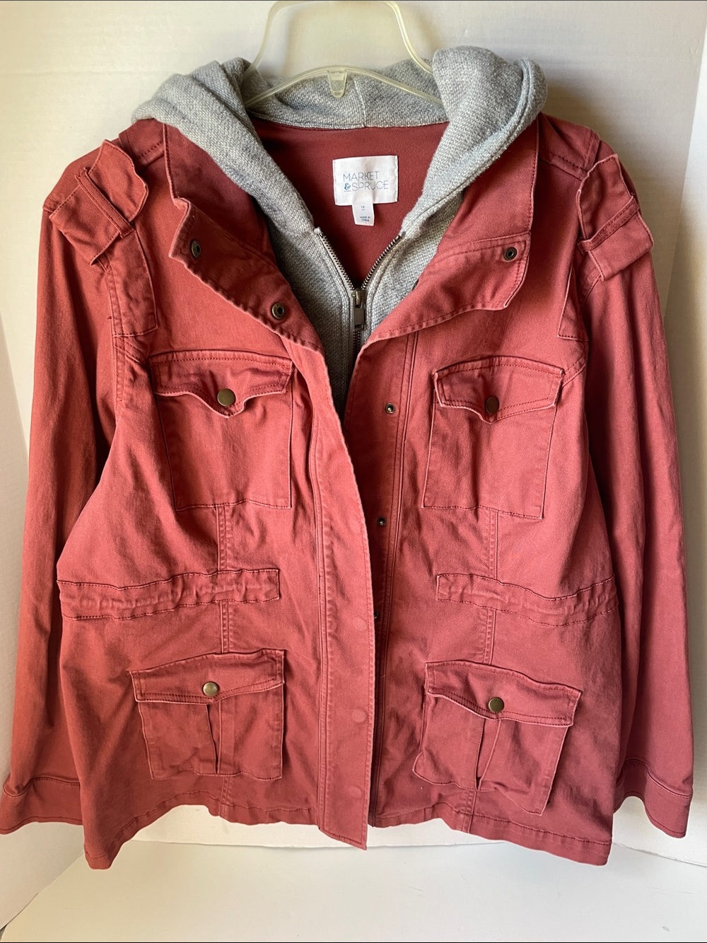 Market & Spruce Women's Size 1X Coral Utility Jacket with Gray Hooded Liner